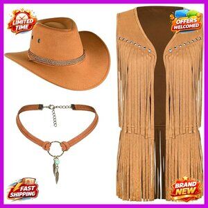 Faux Suede Fringe Vest with Cowboy Hat and Leather Necklace X-Large
